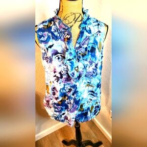 LOFT Blue Sleeveless Graphic Blouse with Mandarin Collar